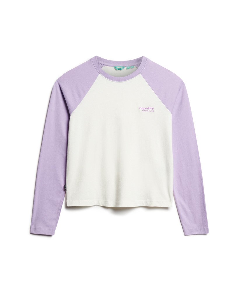 camiseta de beisebol de manga comprida com logo essencial na cor lilás clarobranco off-white.