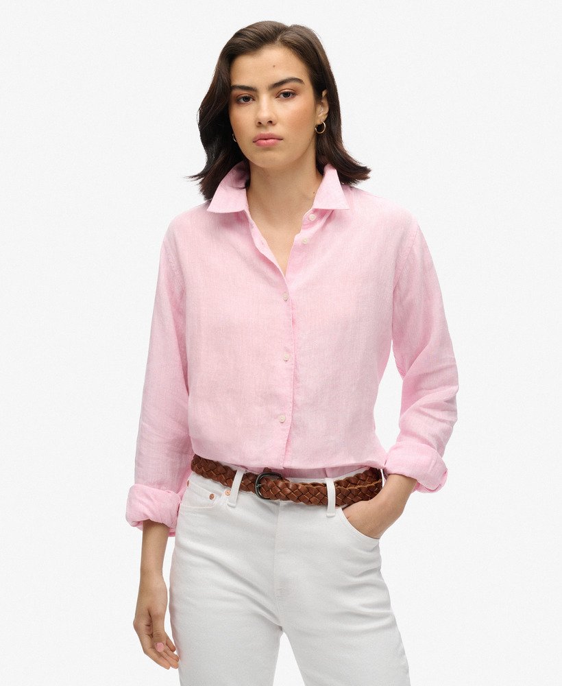 camisa boyfriend casual de linho na cor rosa lilás.