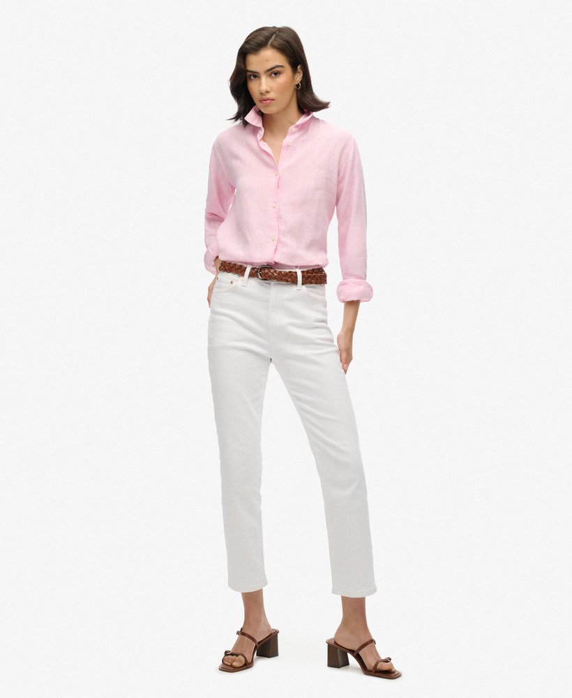 camisa boyfriend casual de linho na cor rosa lilás.