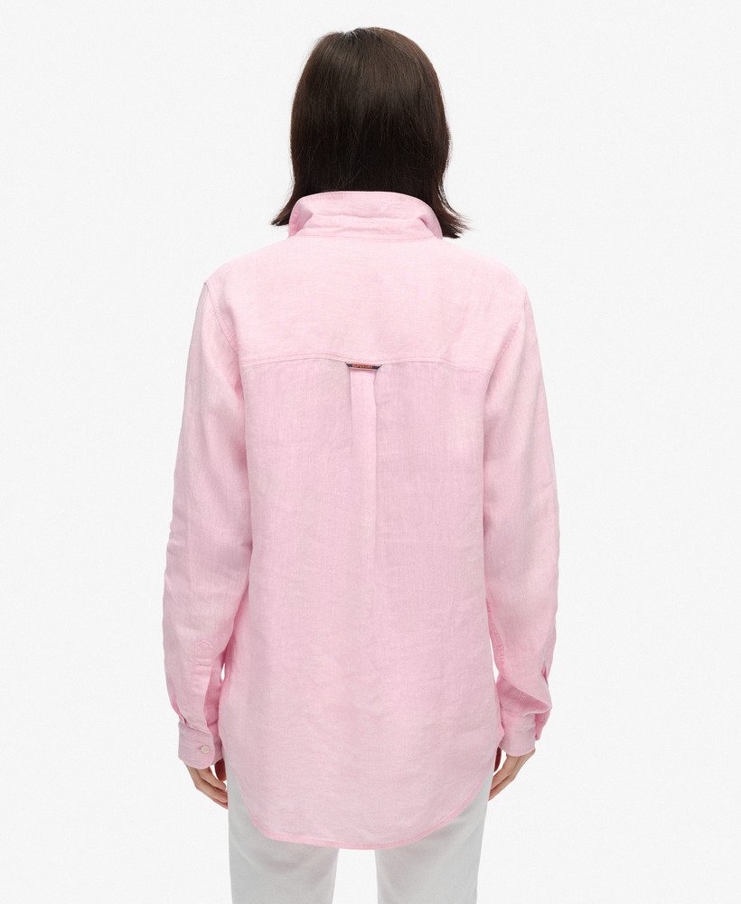 camisa boyfriend casual de linho na cor rosa lilás.
