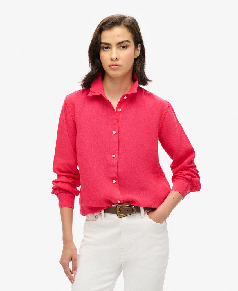 camisa boyfriend casual de linho na cor rosa choque.