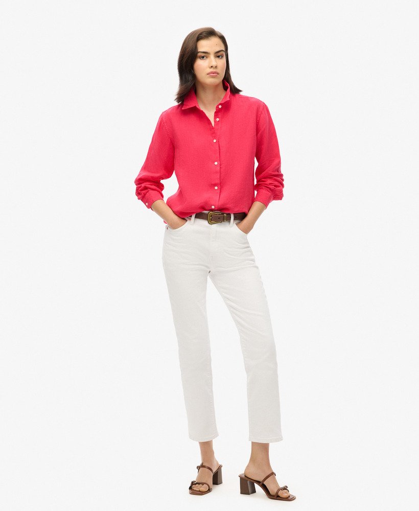 camisa boyfriend casual de linho na cor rosa choque.