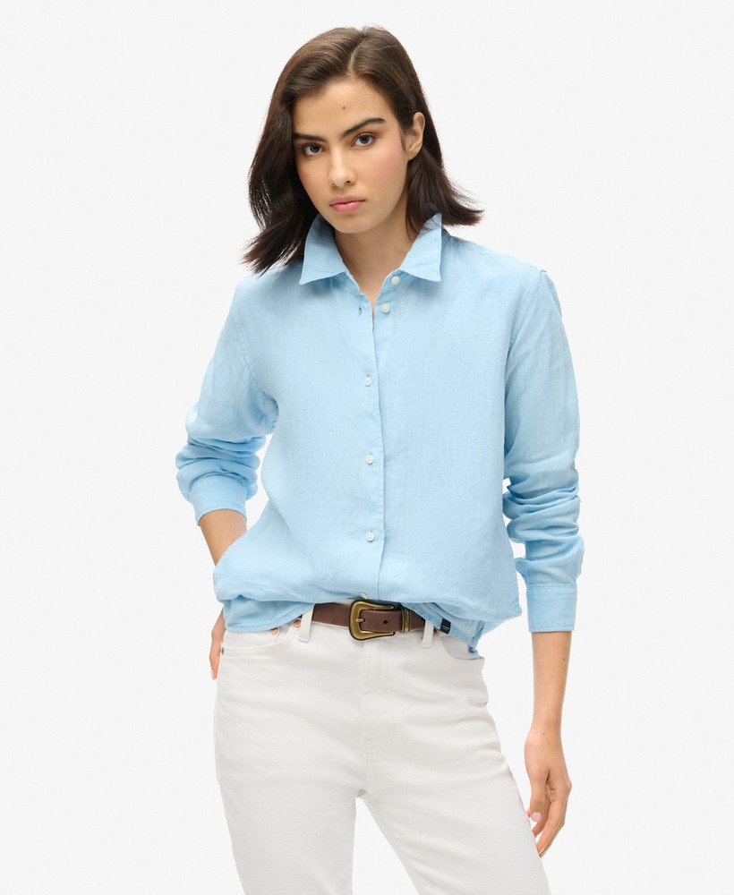 camisa boyfriend casual de linho na cor azul-marinho