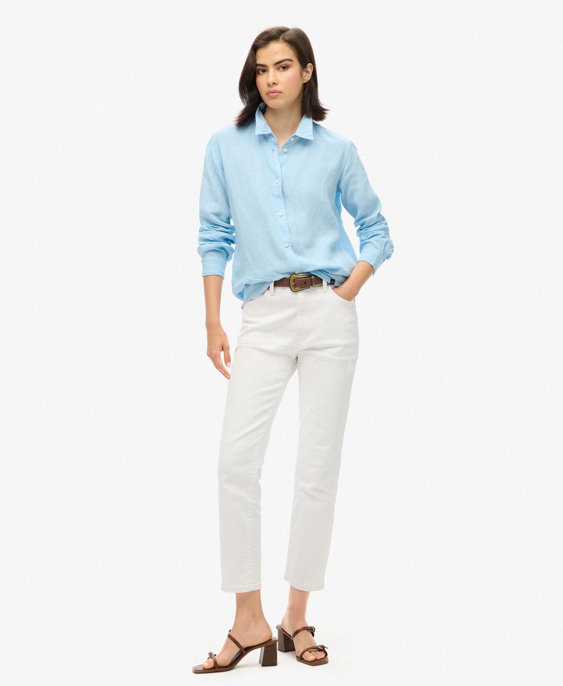 camisa boyfriend casual de linho na cor azul-marinho