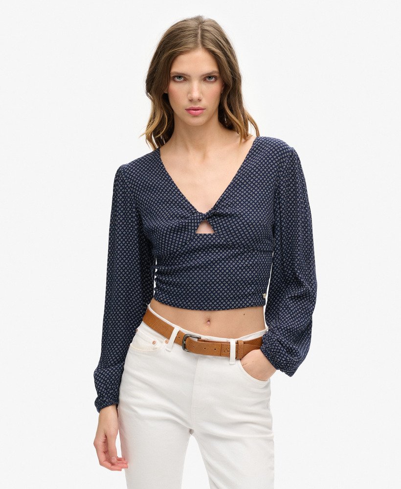 top cropped de manga comprida em tecido plano na cor scotty navy.