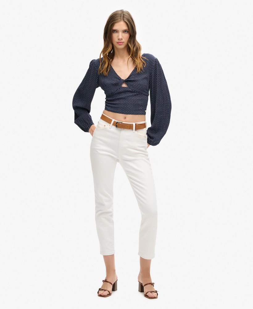top cropped de manga comprida em tecido plano na cor scotty navy.