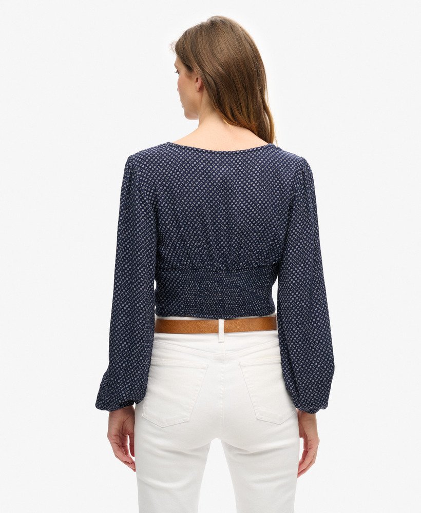 top cropped de manga comprida em tecido plano na cor scotty navy.