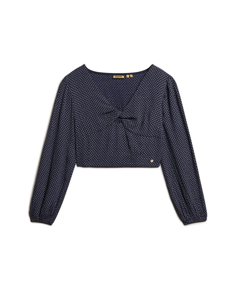 top cropped de manga comprida em tecido plano na cor scotty navy.