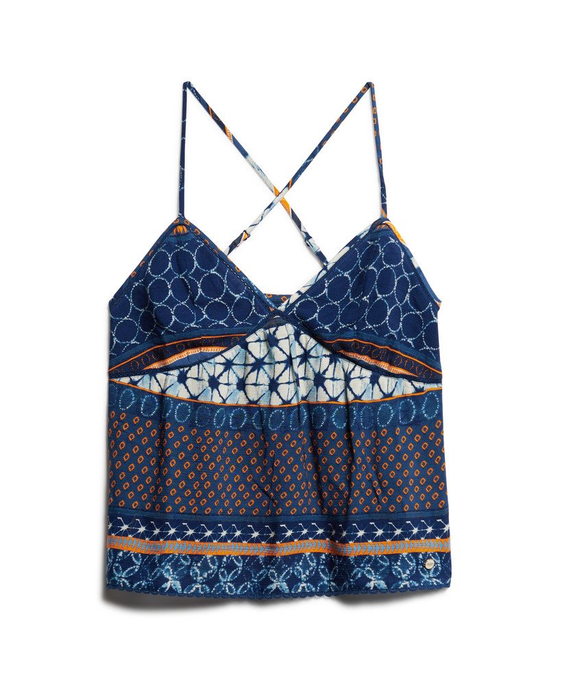 top de alças estampado em tecido plano com camadas circulares laranja