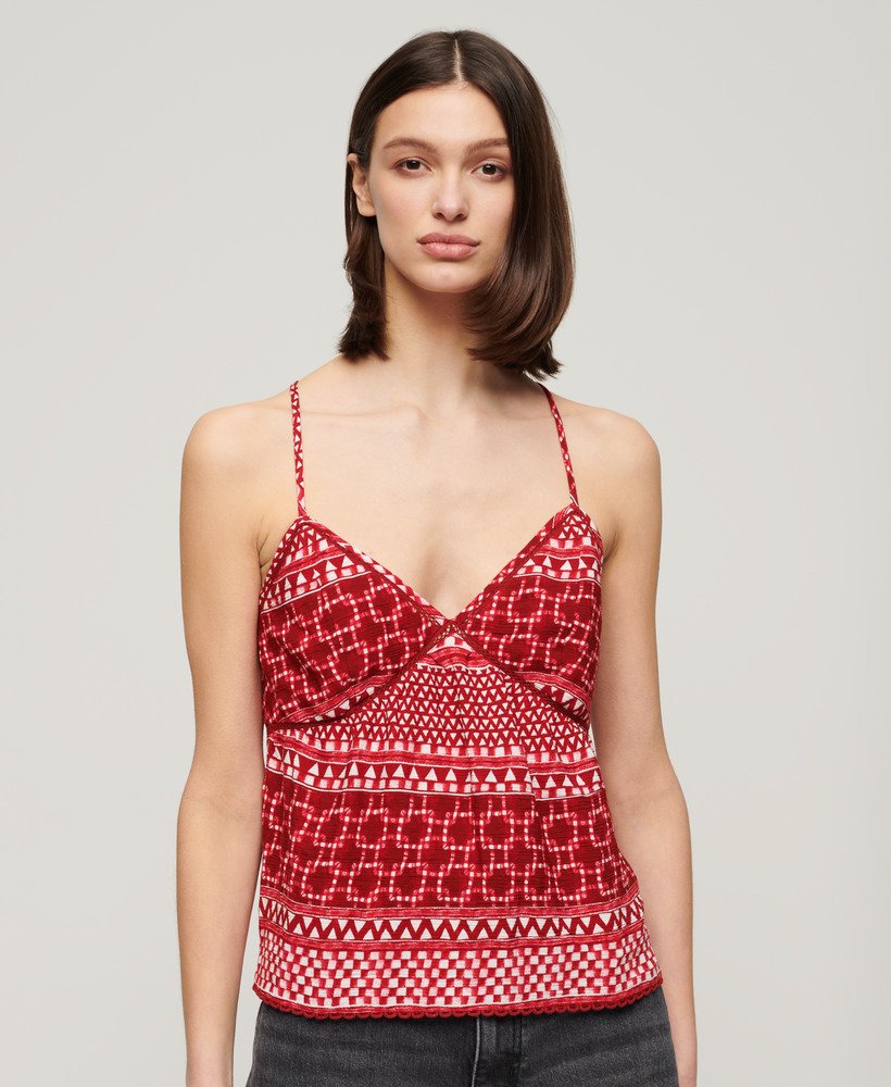 top de alças estampado em tecido shibori vermelho