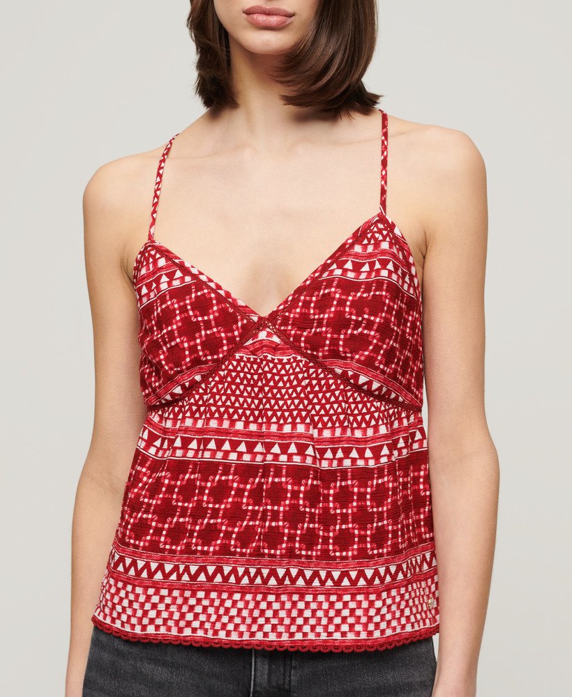 top de alças estampado em tecido shibori vermelho