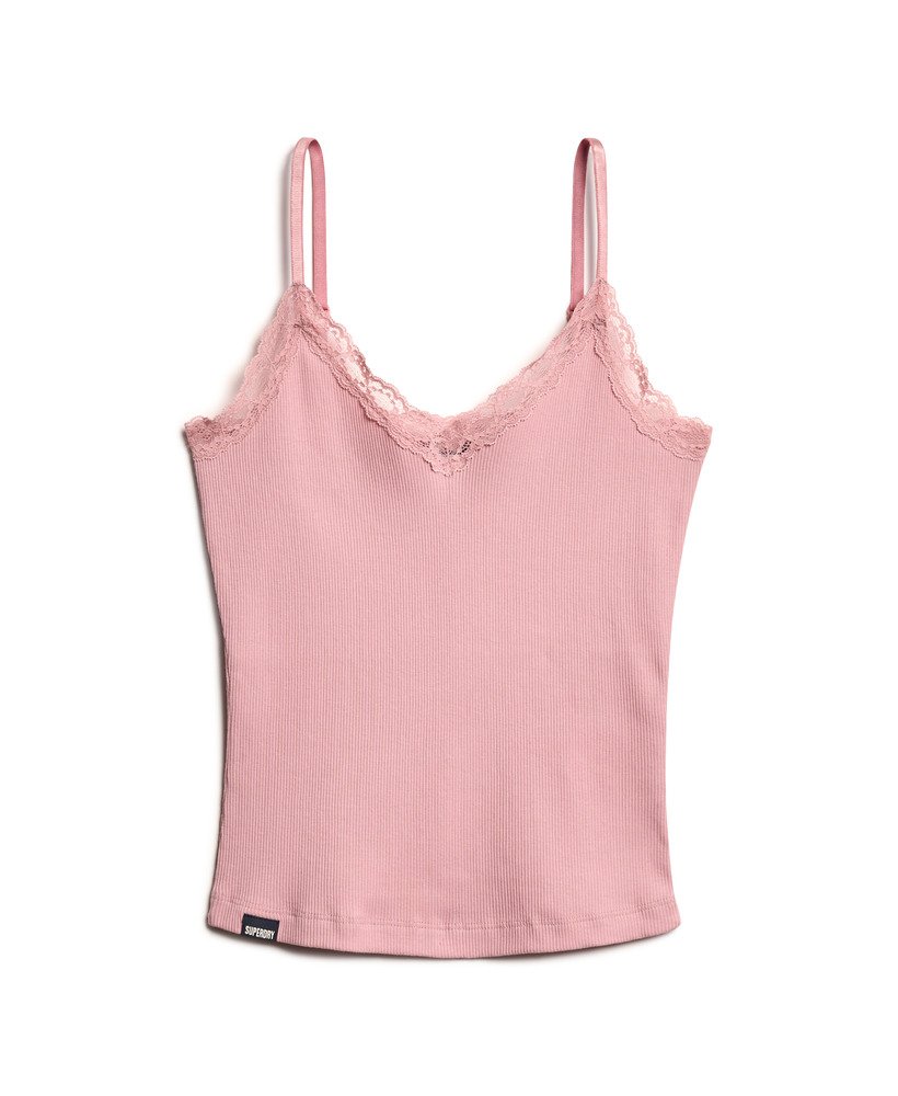 top esportivo básico com detalhes em renda na cor rosa claro.