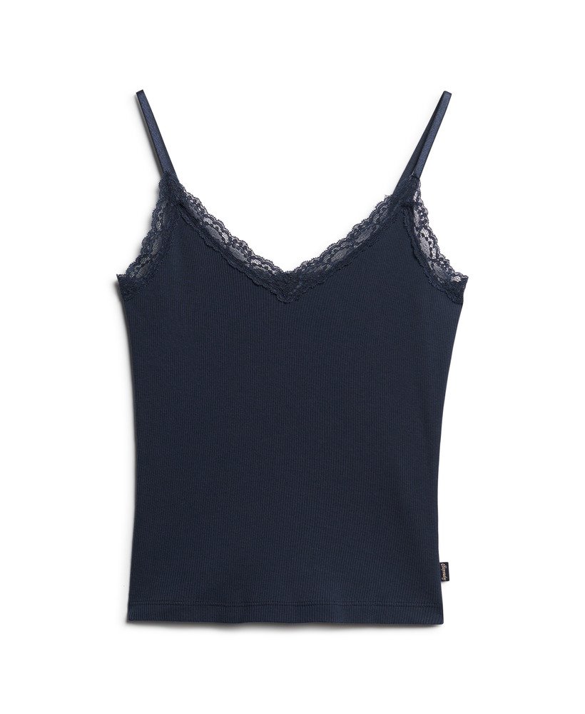 top de alcinha esportivo essencial com detalhes em renda na cor azul marinho mais intenso.