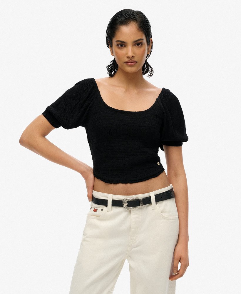 blusa de tecido plano com detalhes franzidos na cor preta.