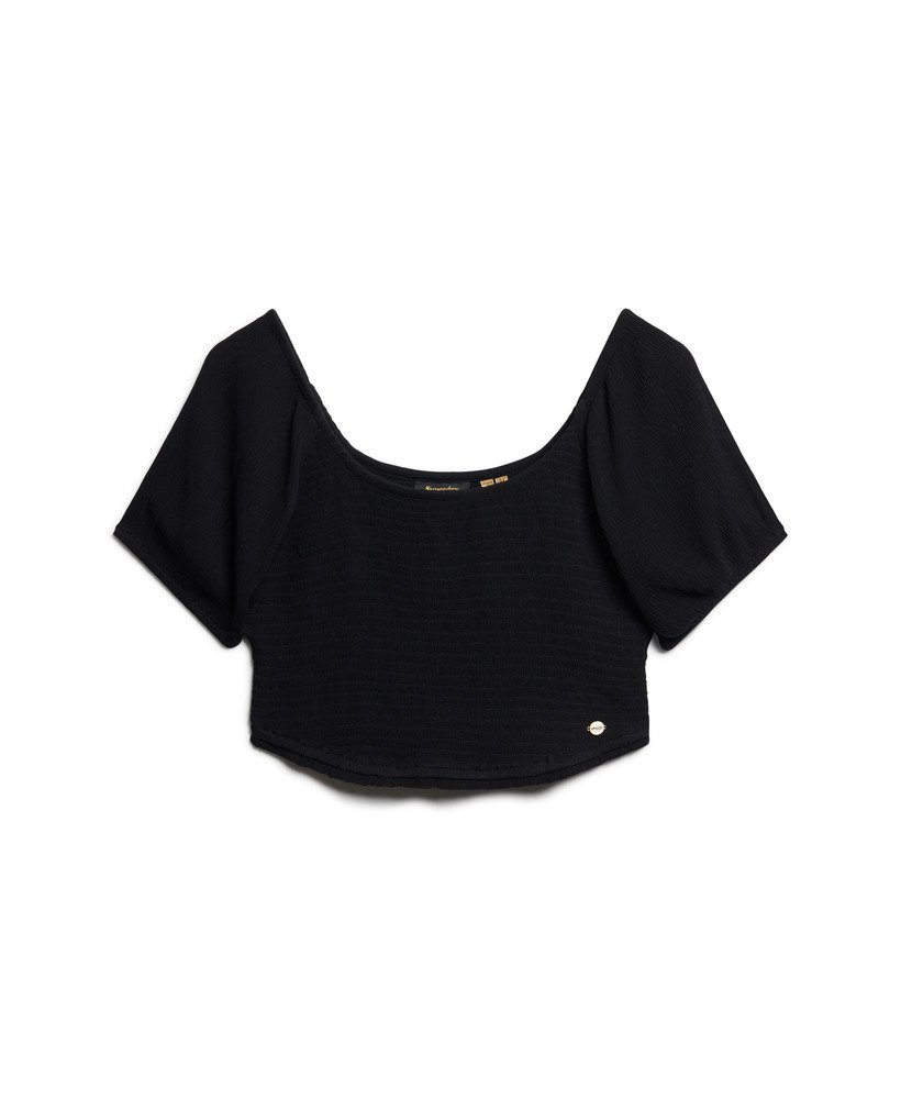 blusa de tecido plano com detalhes franzidos na cor preta.