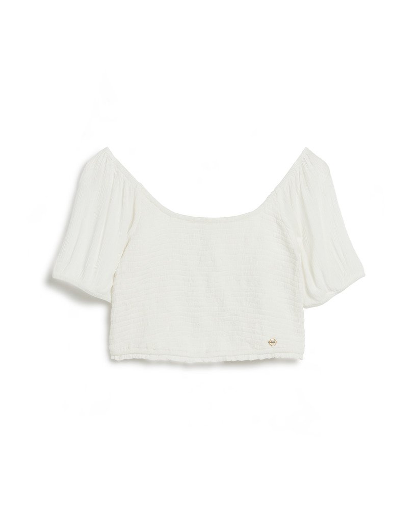 blusa de tecido franzido na cor branco-sujo