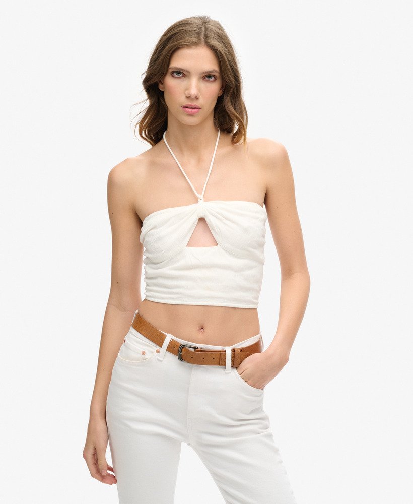 top cropped vazado em tecido plano na cor branco off-white.
