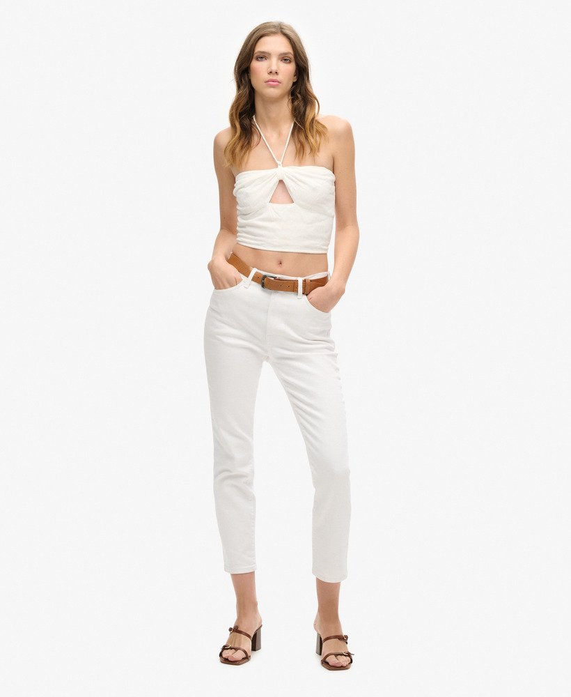 top cropped vazado em tecido plano na cor branco off-white.