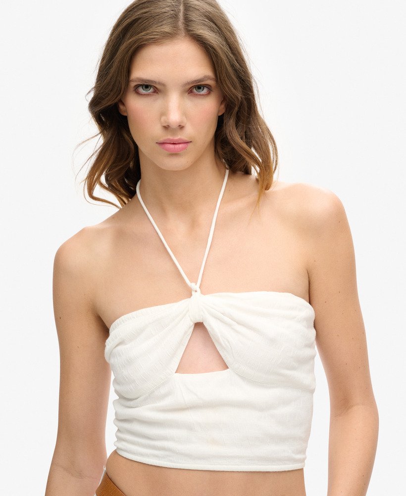 top cropped vazado em tecido plano na cor branco off-white.