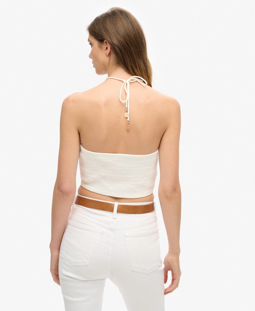 top cropped vazado em tecido plano na cor branco off-white.
