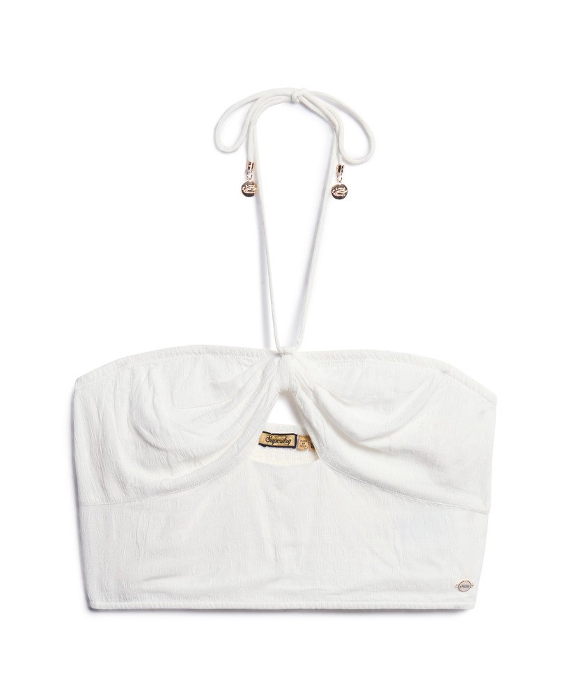 top cropped vazado em tecido plano na cor branco off-white.