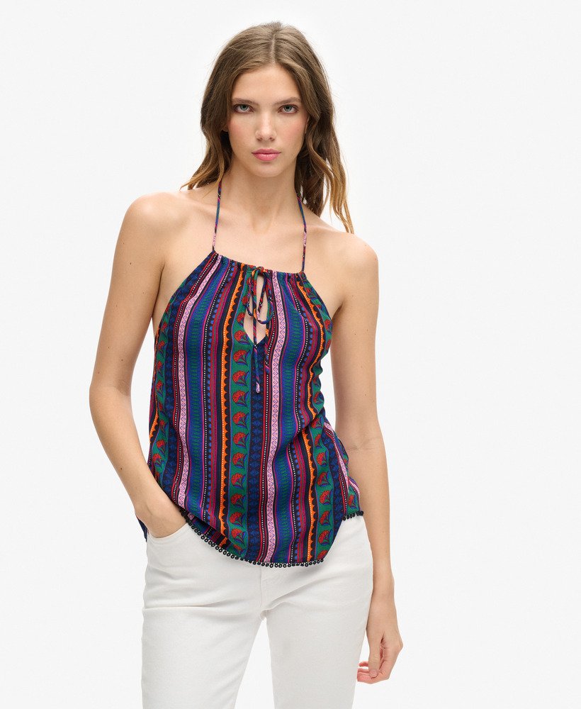 top de praia estampado com decote halter em vera stripe
