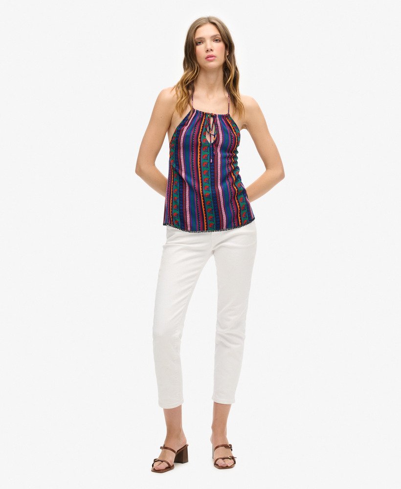 top de praia estampado com decote halter em vera stripe