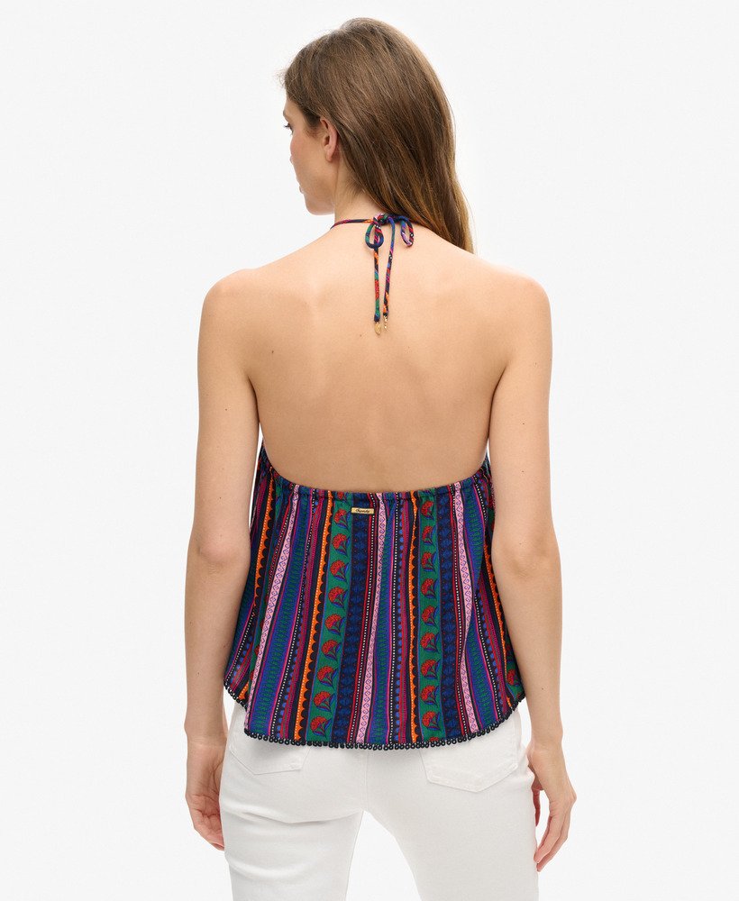 top de praia estampado com decote halter em vera stripe