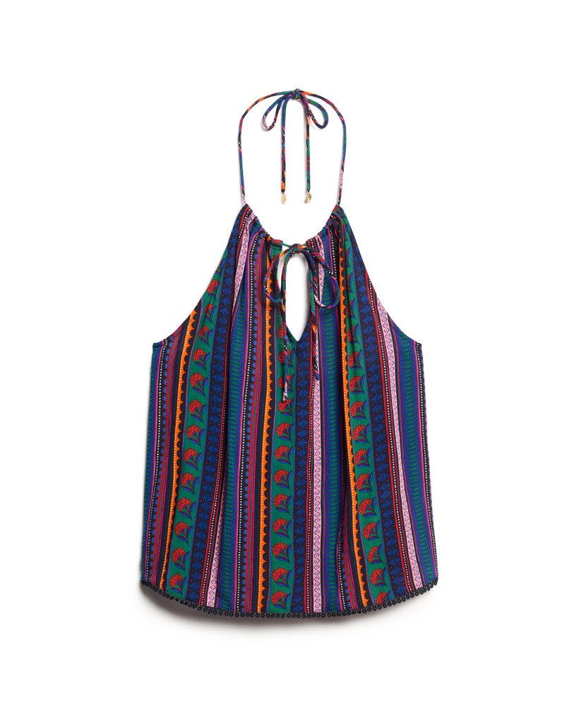 top de praia estampado com decote halter em vera stripe