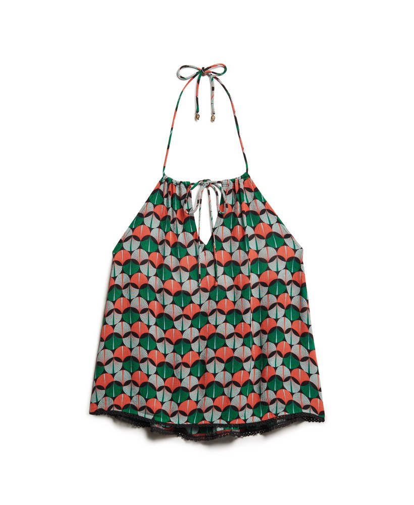 top de praia estampado com decote halter em padrão geométrico laranja.