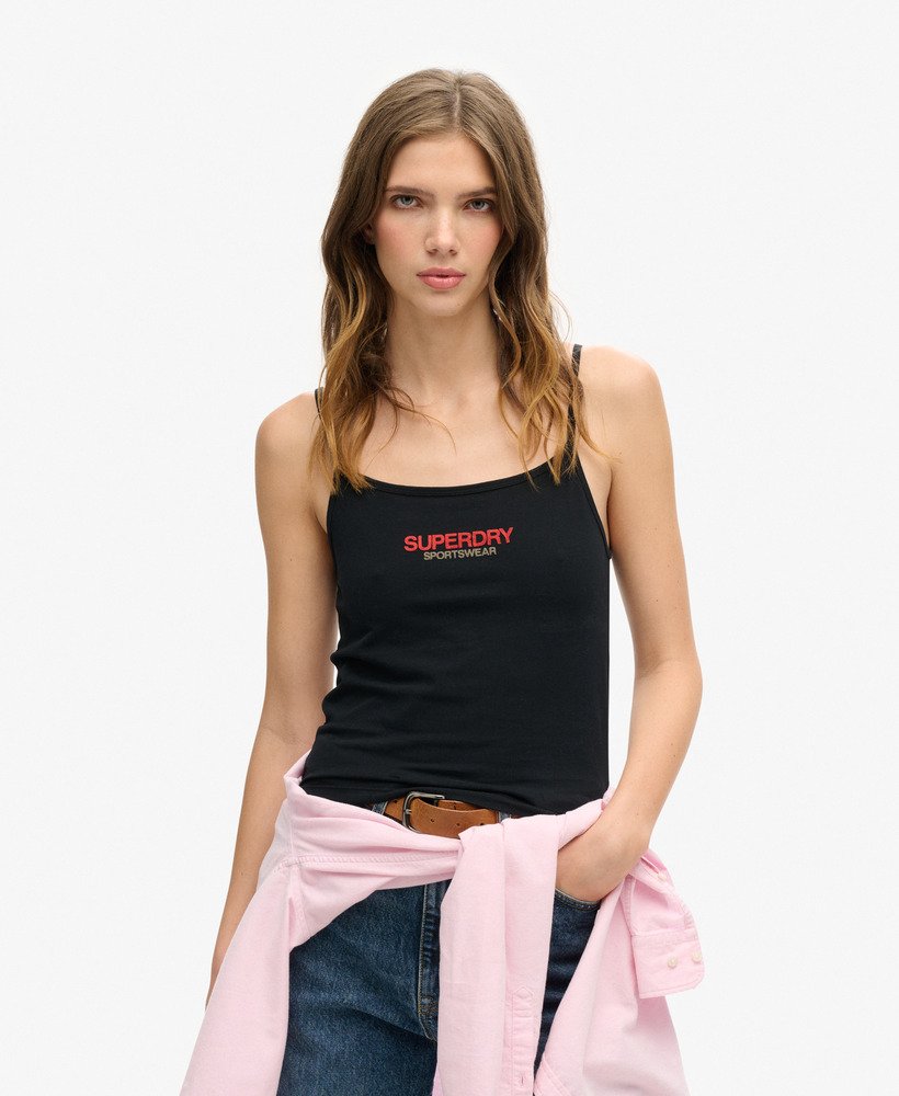 top regata esportivo com logo na cor preta.