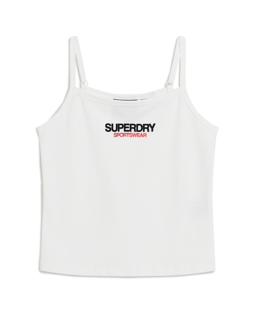 top regata esportivo com logo na cor branca brilhante.
