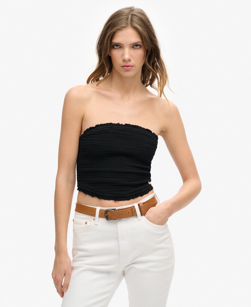 top bandeau com detalhe franzido na cor preta.