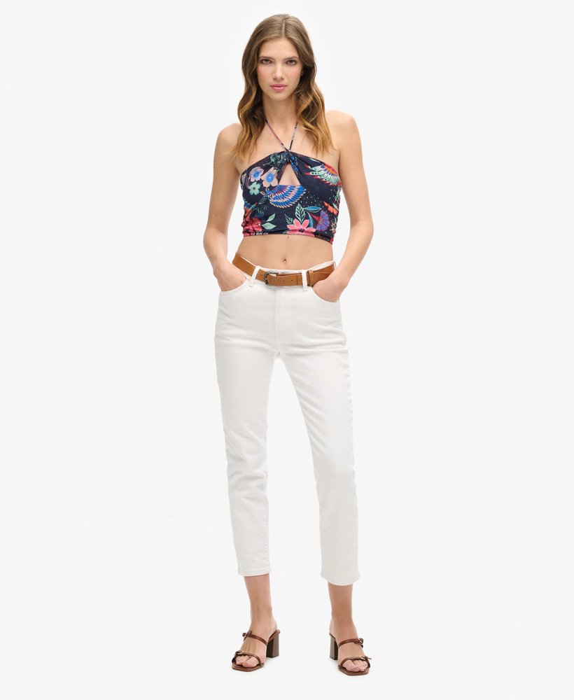 top cropped vazado em tecido plano com estampa floral multicolorida vera.