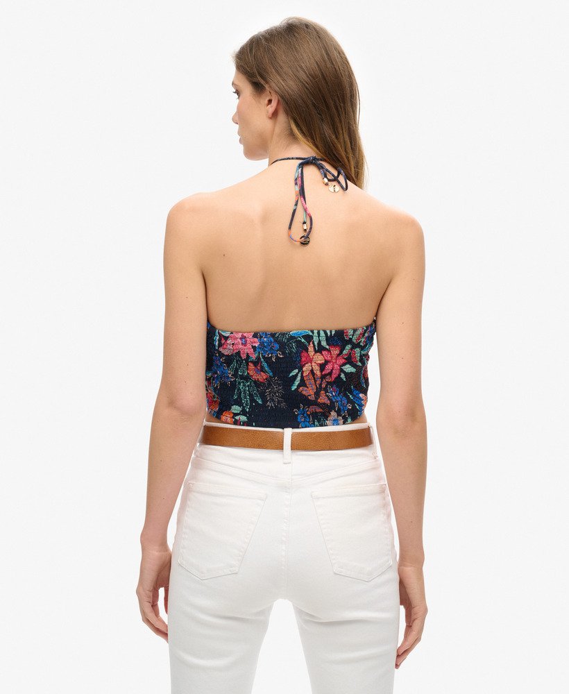 top cropped vazado em tecido plano com estampa floral multicolorida vera.