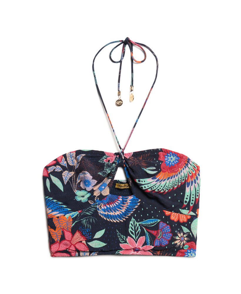 top cropped vazado em tecido plano com estampa floral multicolorida vera.