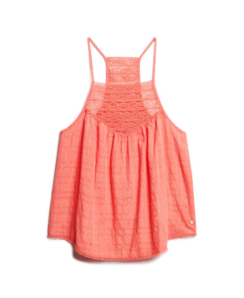 top de renda estilo camisola para praia na cor coral rosado
