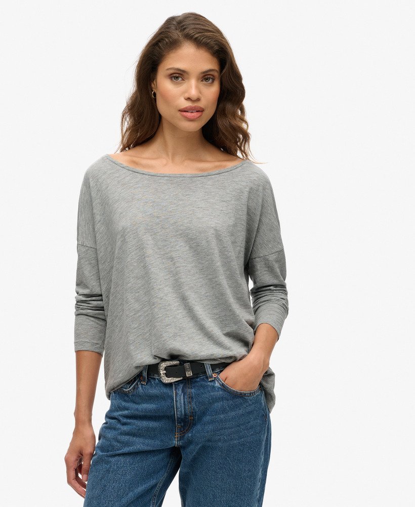 blusa de manga comprida em malha na cor cinza mesclado.