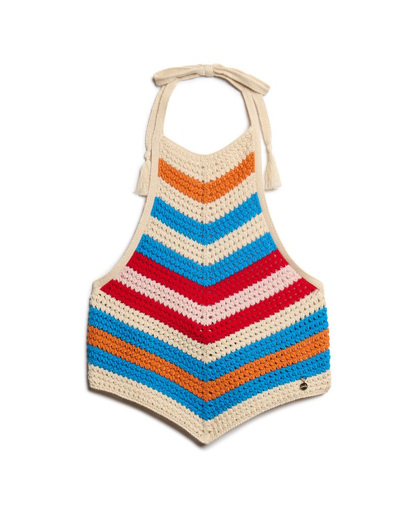 top de crochê com barra assimétrica e decote halter em tom creme com listras açucaradas.