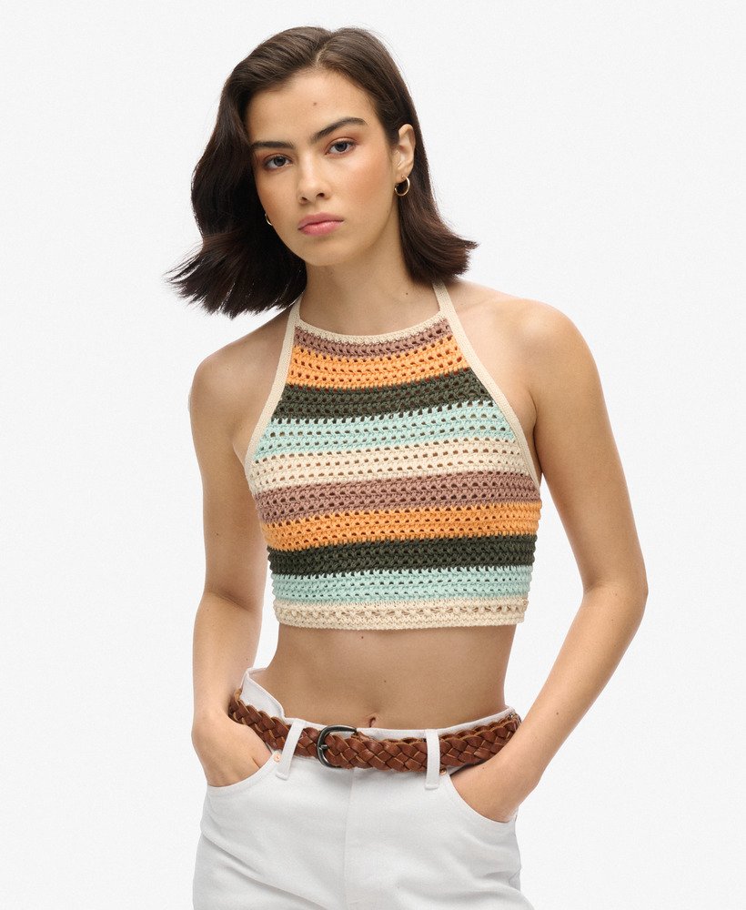 top cropped de crochê com decote halter em estampa listrada satsuma.