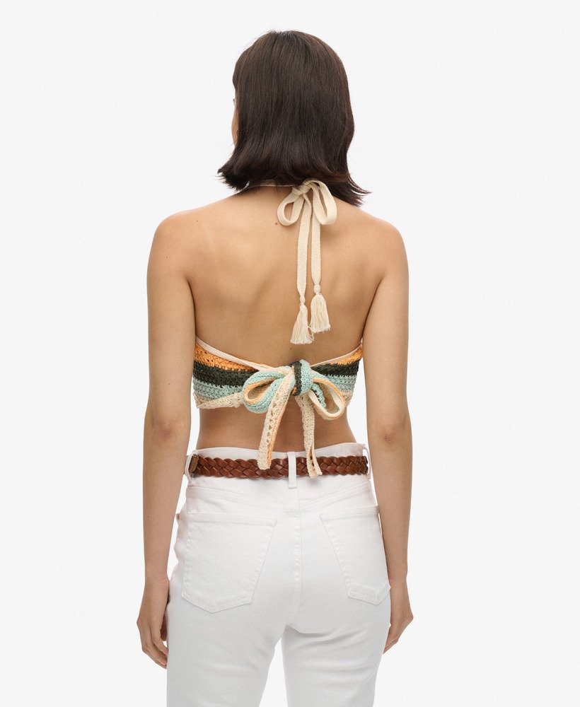top cropped de crochê com decote halter em estampa listrada satsuma.
