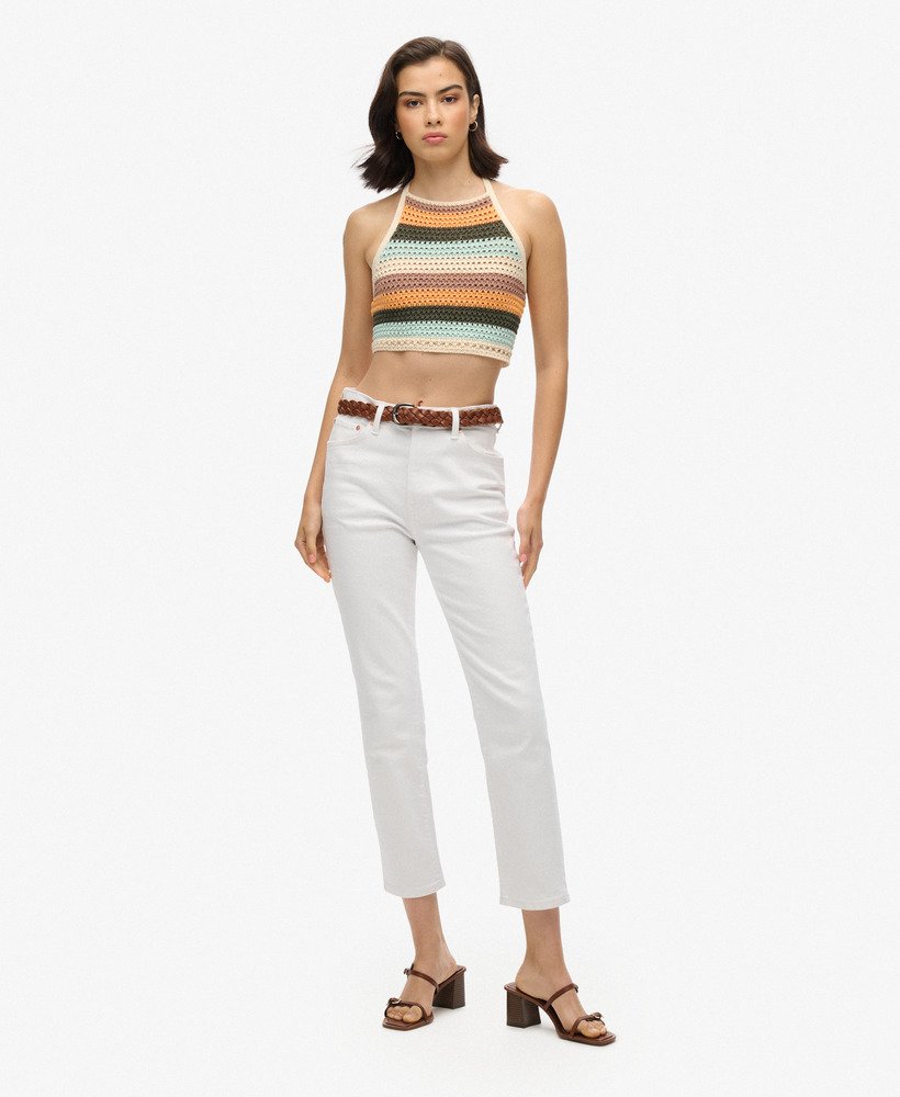 top cropped de crochê com decote halter em estampa listrada satsuma.