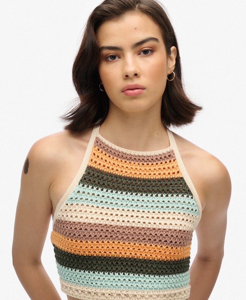 top cropped de crochê com decote halter em estampa listrada satsuma.