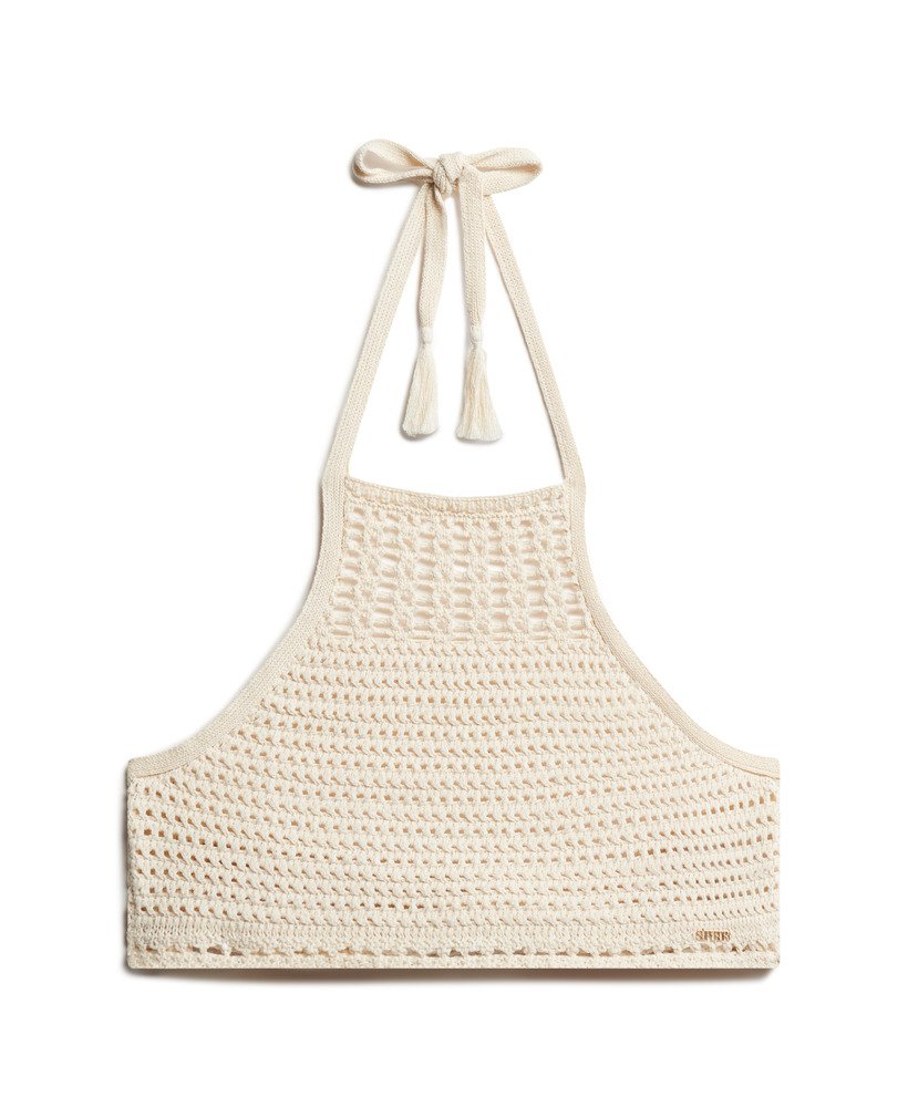 top cropped de crochê com decote halter na cor creme.