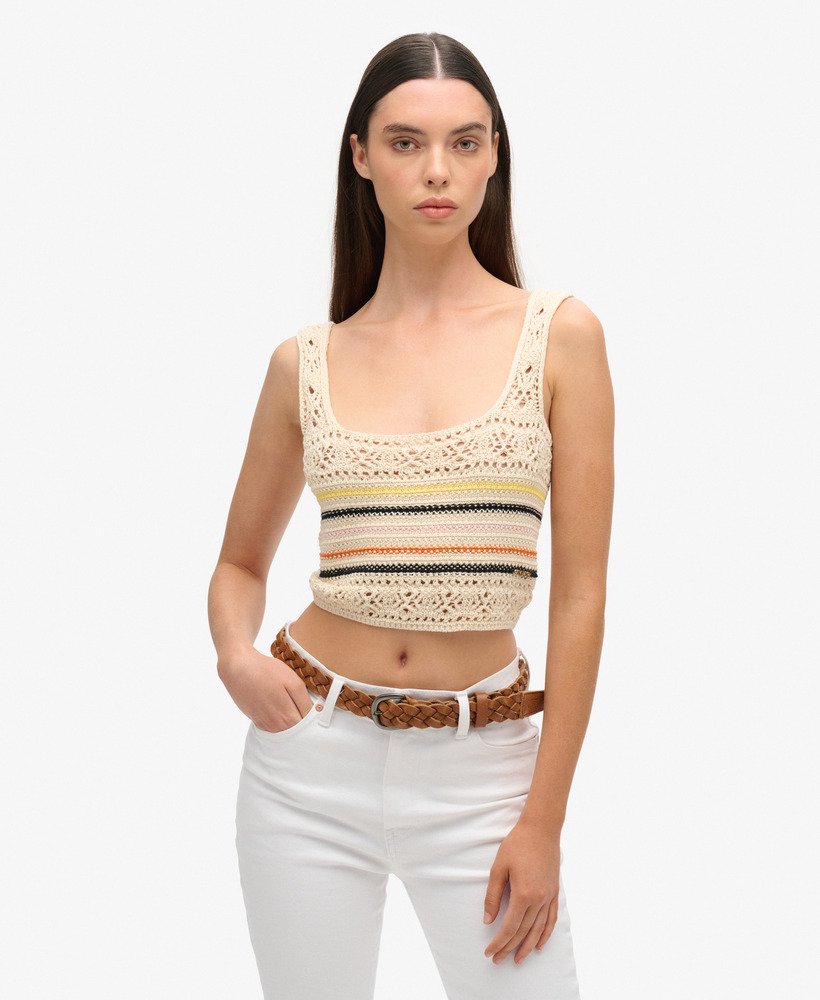 top cropped de crochê com amarração nas costas em mini listras cor creme.