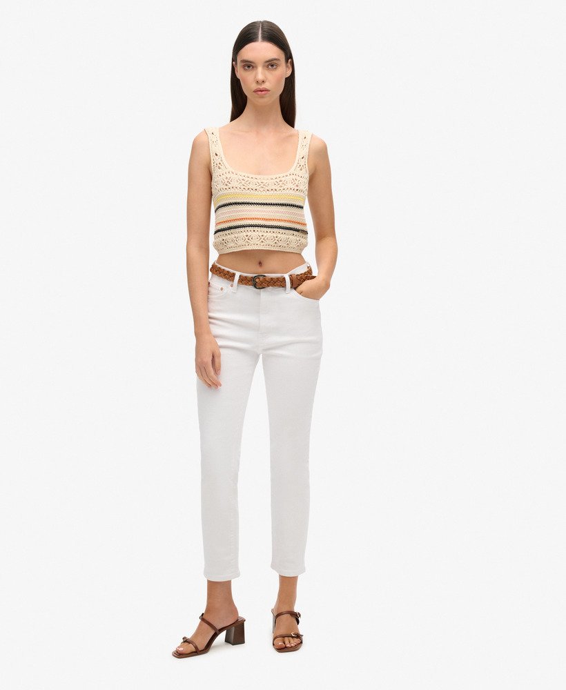 top cropped de crochê com amarração nas costas em mini listras cor creme.