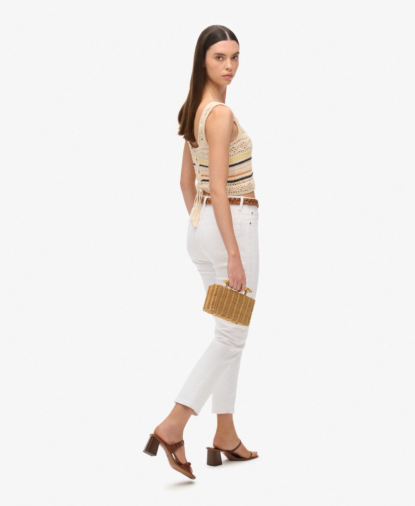 top cropped de crochê com amarração nas costas em mini listras cor creme.