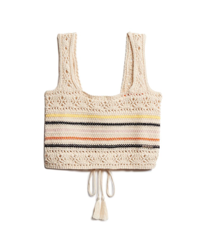top cropped de crochê com amarração nas costas em mini listras cor creme.