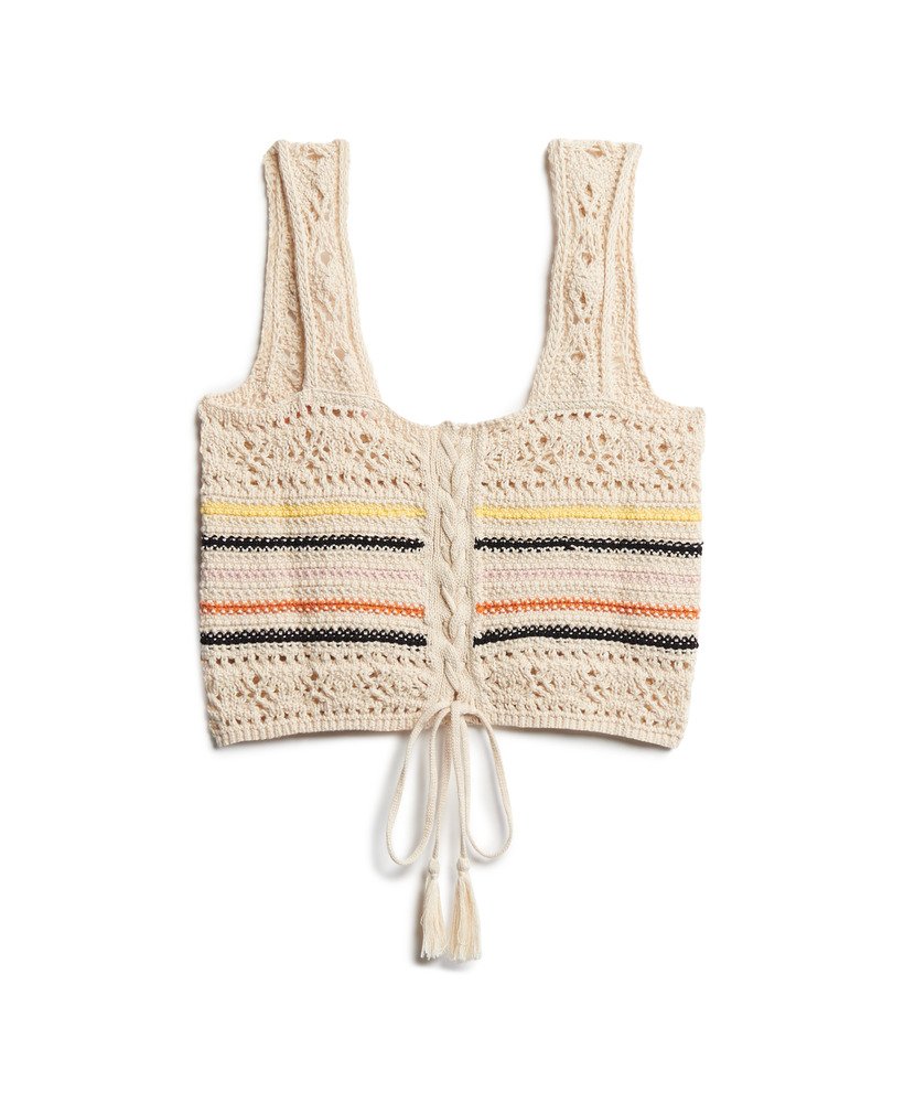 top cropped de crochê com amarração nas costas em mini listras cor creme.