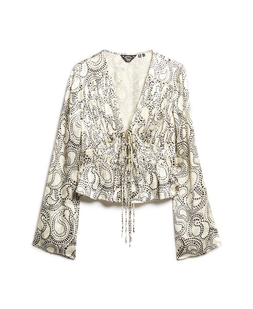 blusa plissada estilo anos 70 em tecido plano com estampa paisley de trevo.